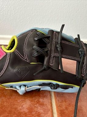 Gem gloves baseball Black Leather Glove with Pink Stitching and Light Blue Trim